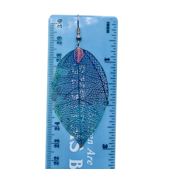 Iridescent Leaf Skeleton Dangle Earrings With Fishhook Closure -Lightweight Boho - Picture 6 of 7